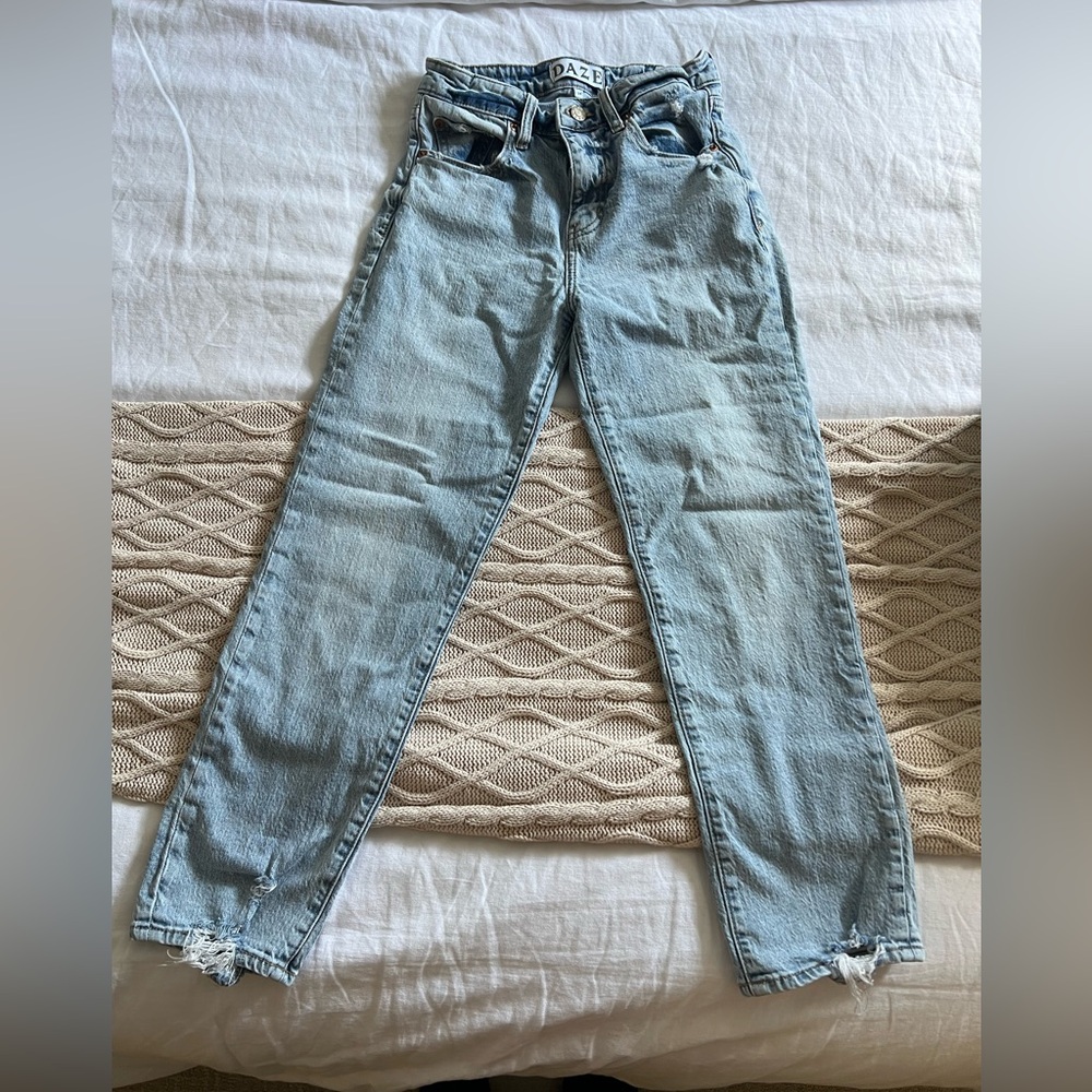 Light Blue Straight Leg Jeans with Faded Wash